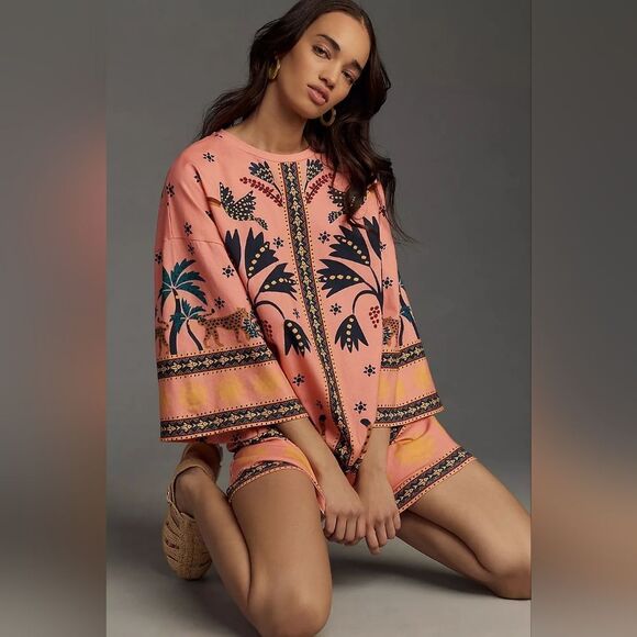 Farm Rio Anthropologie Printed Shift Mini Dress In Pink Size Extra Small NWT - Picture 1 of 10